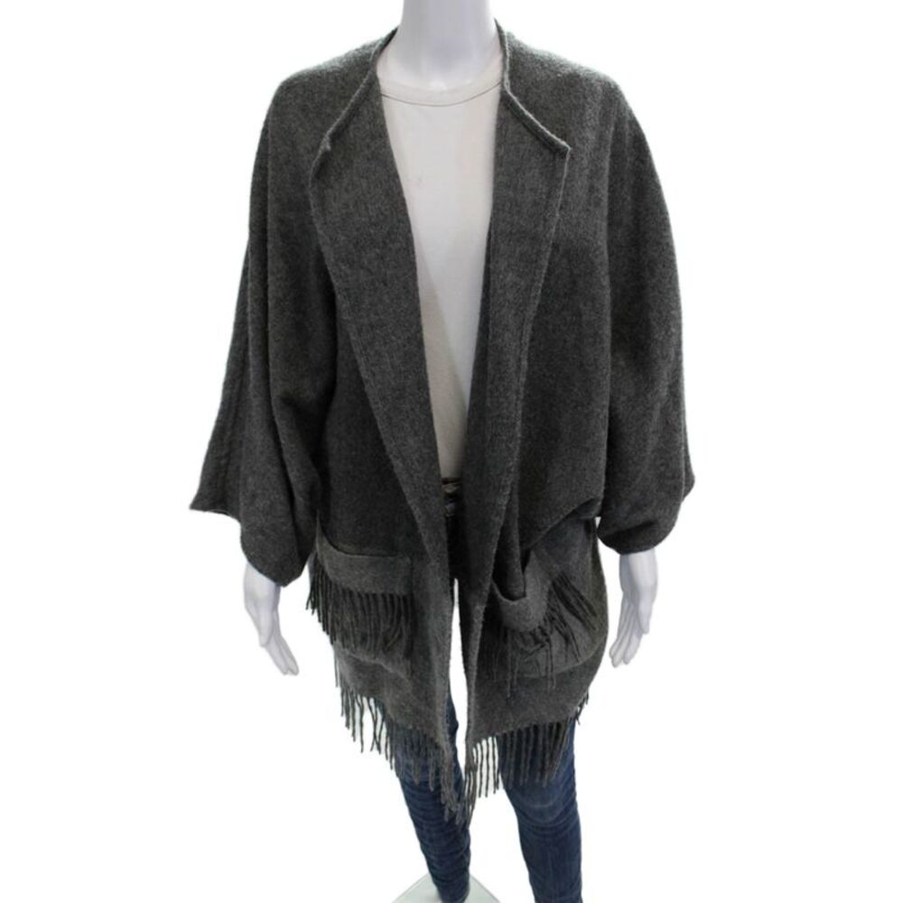 BASLER Womens Dark Gray Wool V Neck Coatigan 3/4 Sleeve Bohemian Size 34